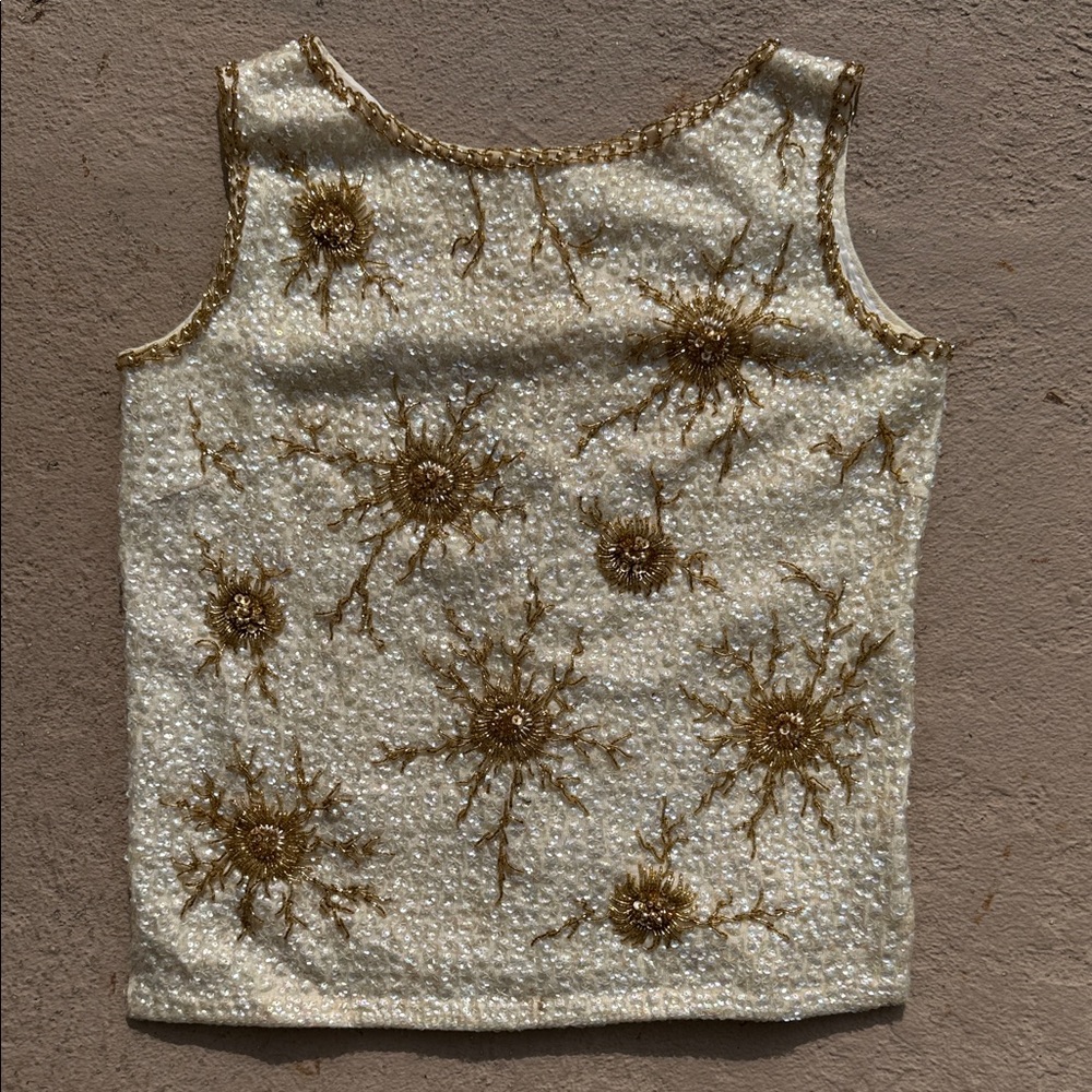 Vintage 1960s Elegant Gold and Cream Embellished Beaded Sequined Women's Top